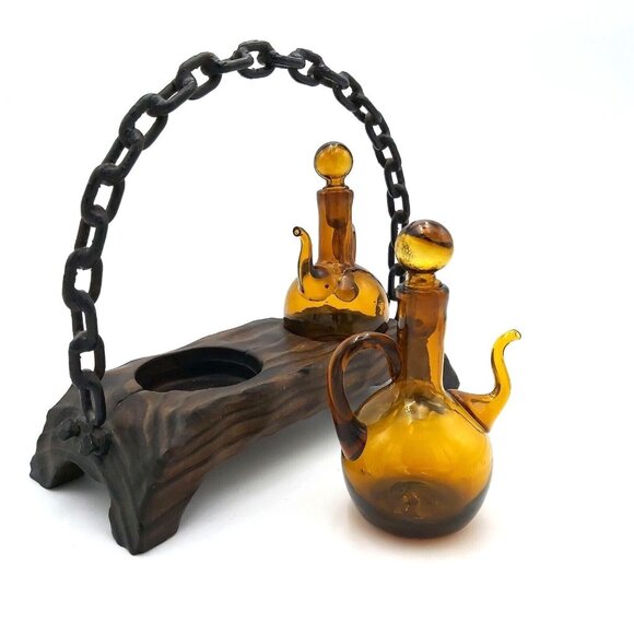 Alder Wood With Amber Glass  and Wrought Iron Handle Cruet Set- Oil & Vinegar - Picture 4 of 10